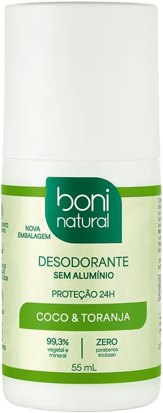 BONI NATURAL - Desodorante Roll-On sem Alumínio, Natural, Vegetal e Vegano, Coco e Toranja, 55ml