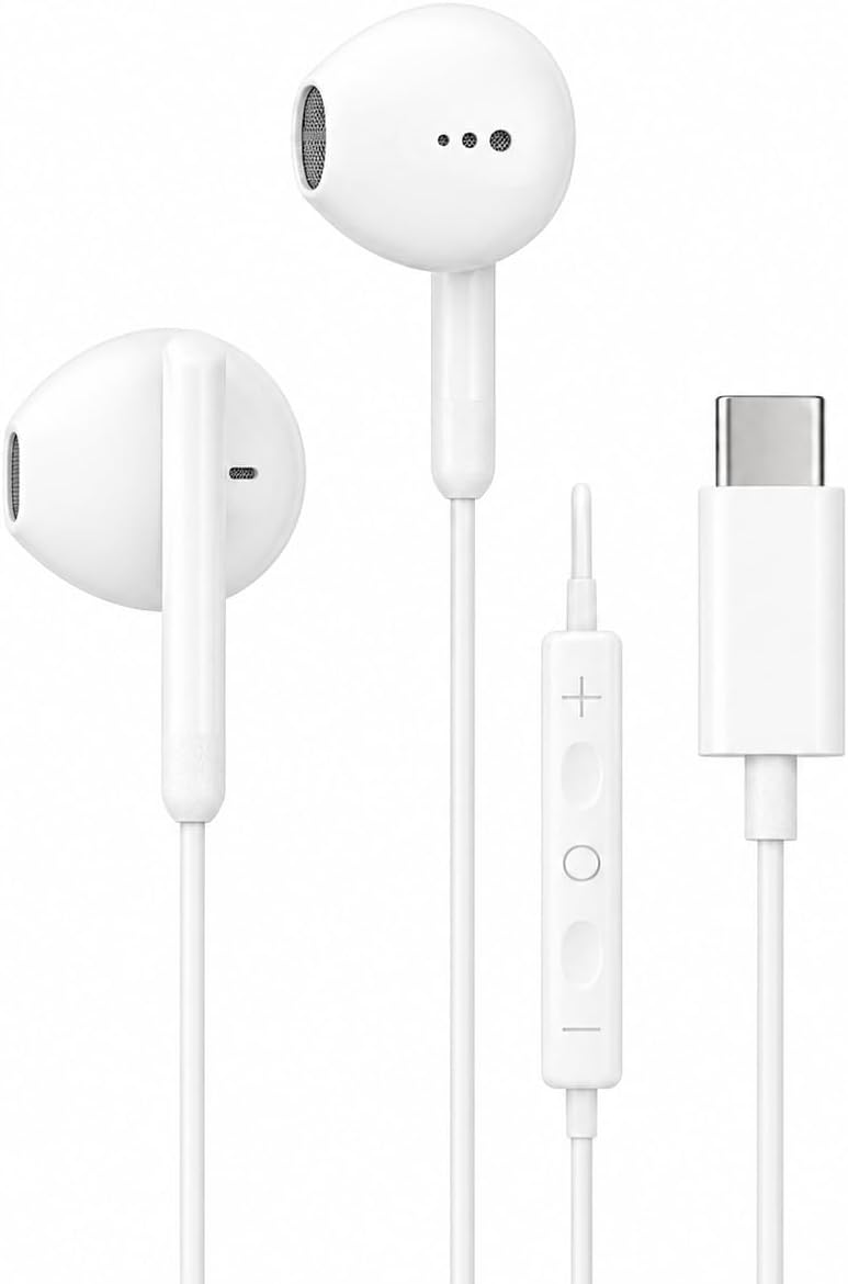 Fone com Fio USB-C, Plug & Play, com Microfone e Controle (Branco)