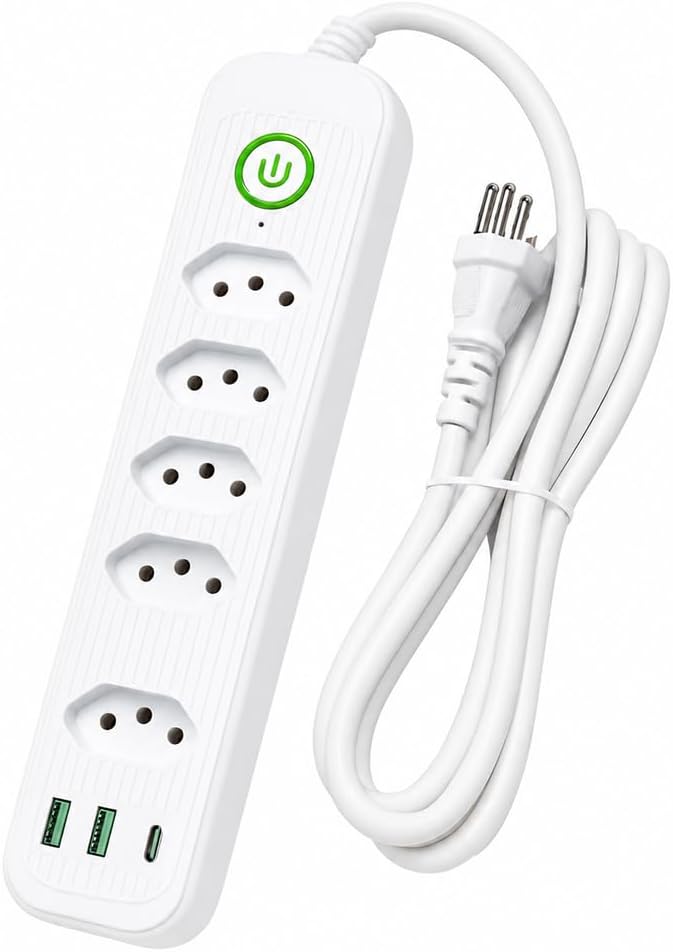 Extensão Filtro De Linha Régua Elétrica Cabo 5 Metros 5 Tomadas E 2 Entrada USB E 1 Tipo-C Botao Liga E Desliga Bivolt 110/220V 2500W - Branco