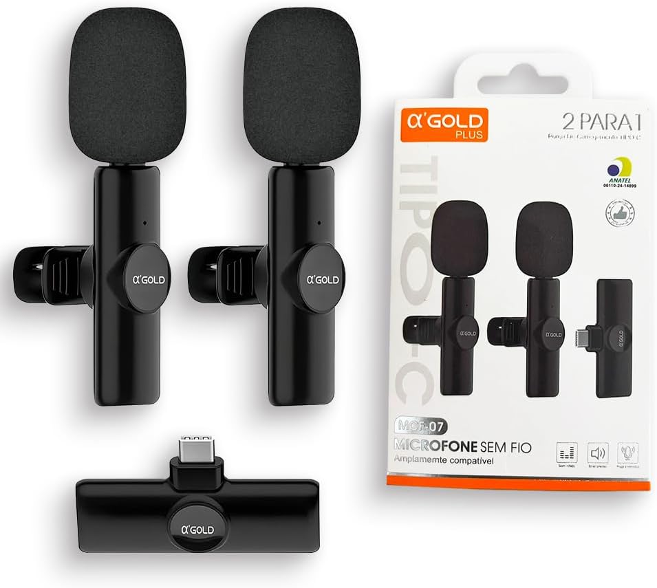 Microfone de Lapela Sem Fio Duplo Tipo-C, Kit 2 Microfones com Redução de Ruído, Conexão 2.4G, Plug & Play, Bateria 6h, para Celular Vídeos, Lives e Entrevistas