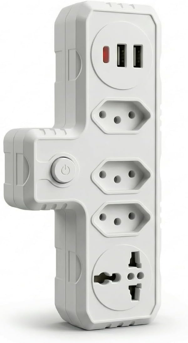 Extensão de Tomada Bivolt com 3 Tomadas Padrão Brasileiro (2P+T) + 1 Tomada Universal, 2 Portas USB + 1 USB Tipo-C, Régua de Energia Compacta Adaptador para Escritórios, Residências e Viagens
