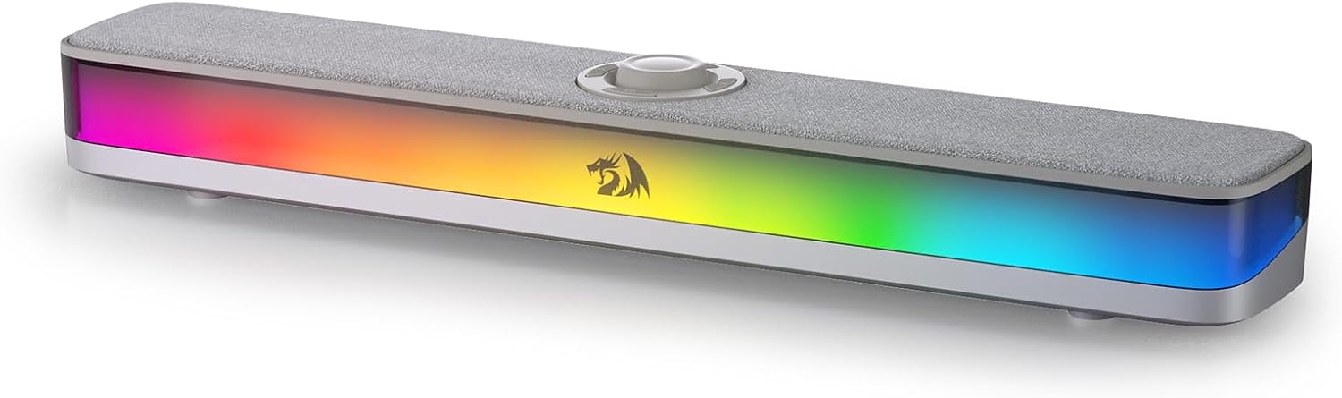 Soundbar Gamer Redragon Neo GS515G RGB Bluetooth USB-C 2x5W RMS Cinza | Soundbar gamer com iluminação RGB, Bluetooth, USB Tipo-C e potência de 2x5W RMS para uso em diversos ambientes.