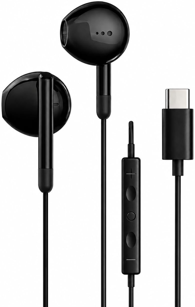 Fone com Fio USB-C, Plug & Play, com Microfone e Controle (Preto)