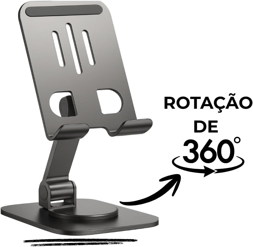 Suporte para Celular e Tablet, Alumínio, Dobrável, Rotação 360°, Eixo Duplo Ajustável, Antiderrapante, Universal 4 a 10 Polegadas