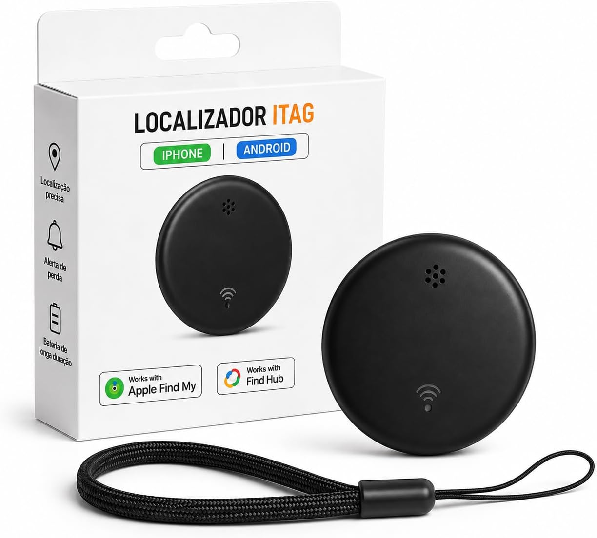 Smart Tag Android e iPhone Localizador Bluetooth para Malas, Chaves, Mochilas, Carteira e Pets, Alarme Sonoro, Bateria Substituível - Certificado IPX6 com Aplicativo GPS - Cores Preto e Branco.
