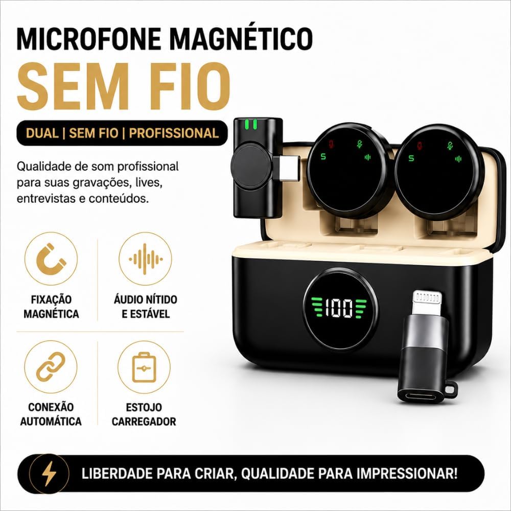 Microfone de Lapela Profissional, kit 2 Microfone sem Fio com Imã | Microfone Lapela Com Cancelamento de Ruido, Para Videos e Live, Compatível com Android e iPhone - Premium