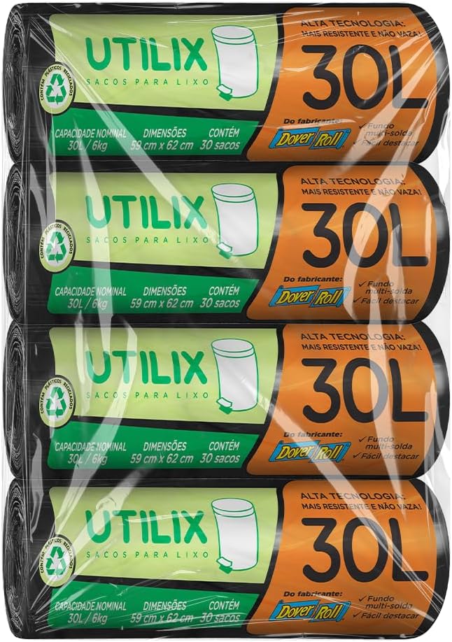 Kit com 4 unidades - Utilix, 30 litros, preto, rolo com 30 sacos/unidade