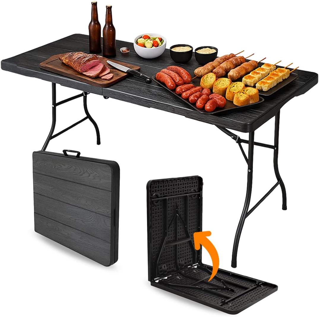 Mesa Dobrável Maleta Yab 180x70cm Preta Portátil com Alça Estrutura Reforçada até 100kg para Festa Eventos Camping Jardim Área Interna e Externa (Preto Madeirado)