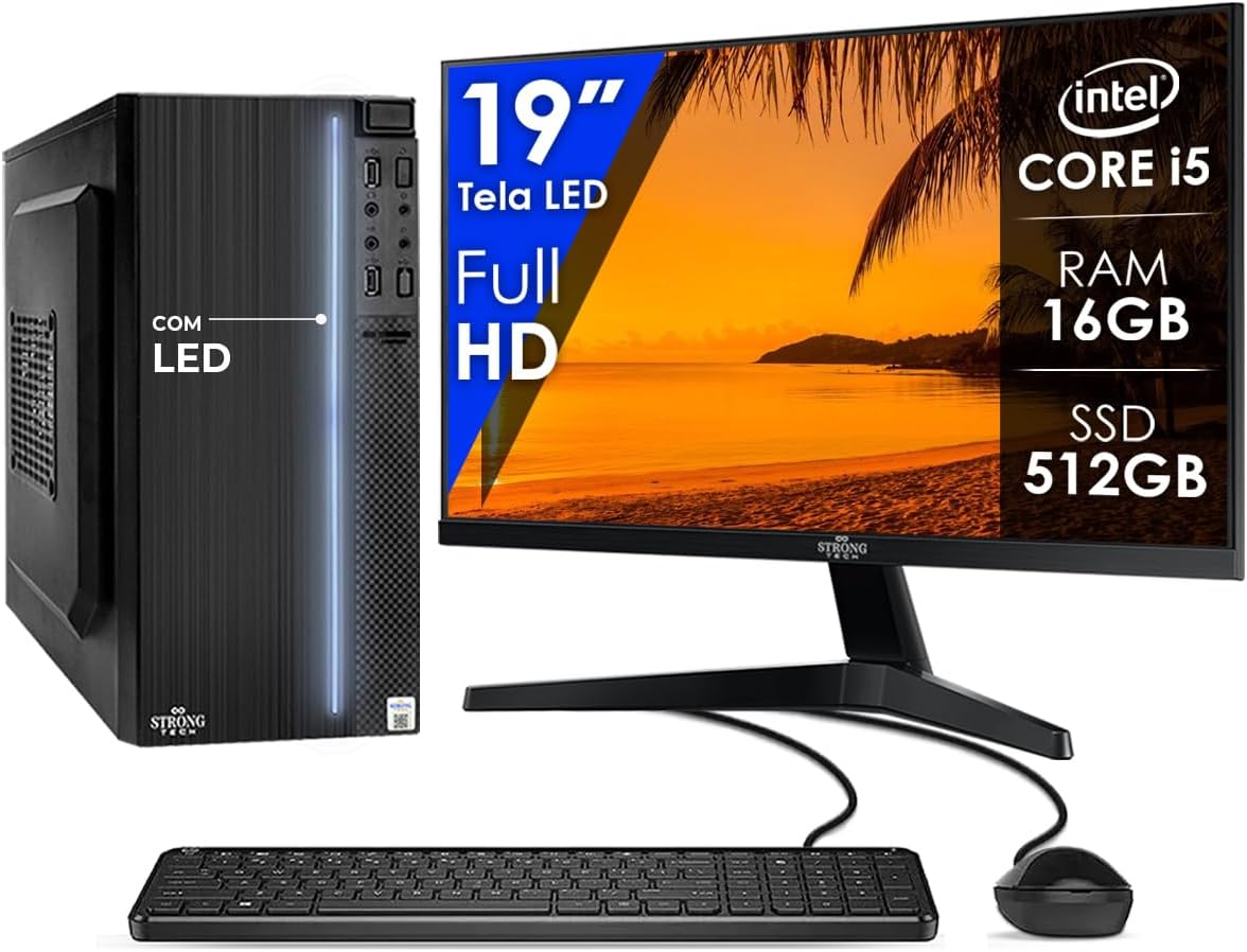 Computador Completo Intel Core i5 16GB SSD 512GB Monitor 19" 4 Núcleos Super Turbo Pc Hdmi Teclado e Mouse Strong Tech