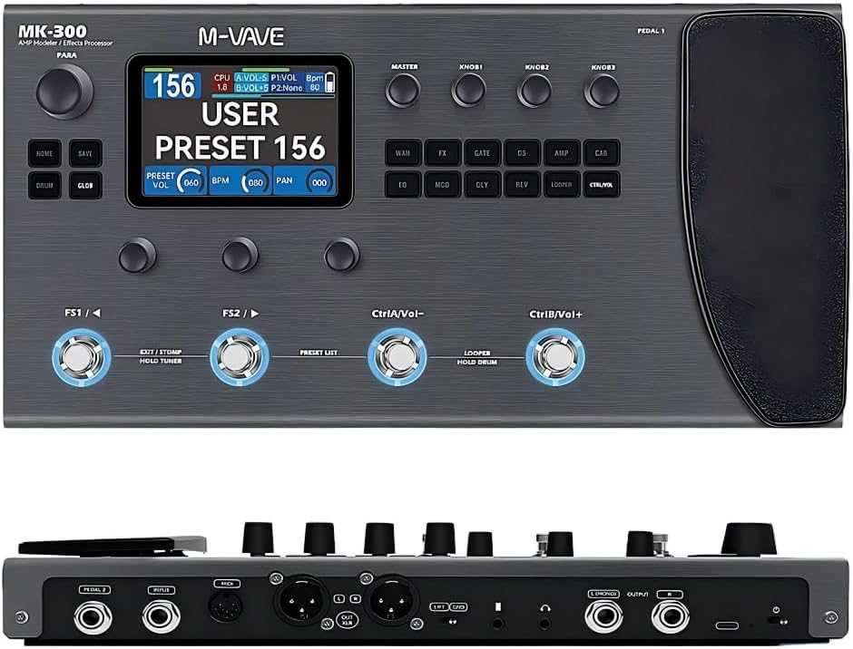 M-VAVE MK-300 Modelador de Amp e Efeitos para Guitarra/Baixo com Looper, Drum Machine, Bluetooth, 11 Módulos, 160 Presets, Pedal de Expressão, USB-C, Ideal para Estúdio e Palco
