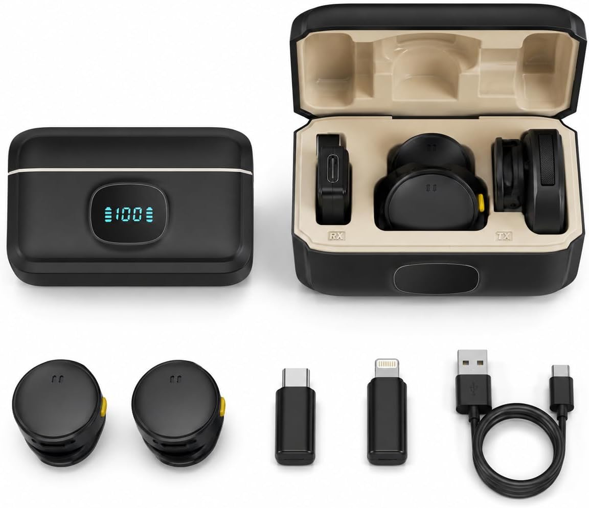 Microfone Lapela Sem Fio com Estojo de Carregamento, 2 Microfones, USB-C e Lightning, Redução de Ruído ENC, Plug and Play, 20m de Alcance para iPhone, Android, Notebook, Tablet e Câmera