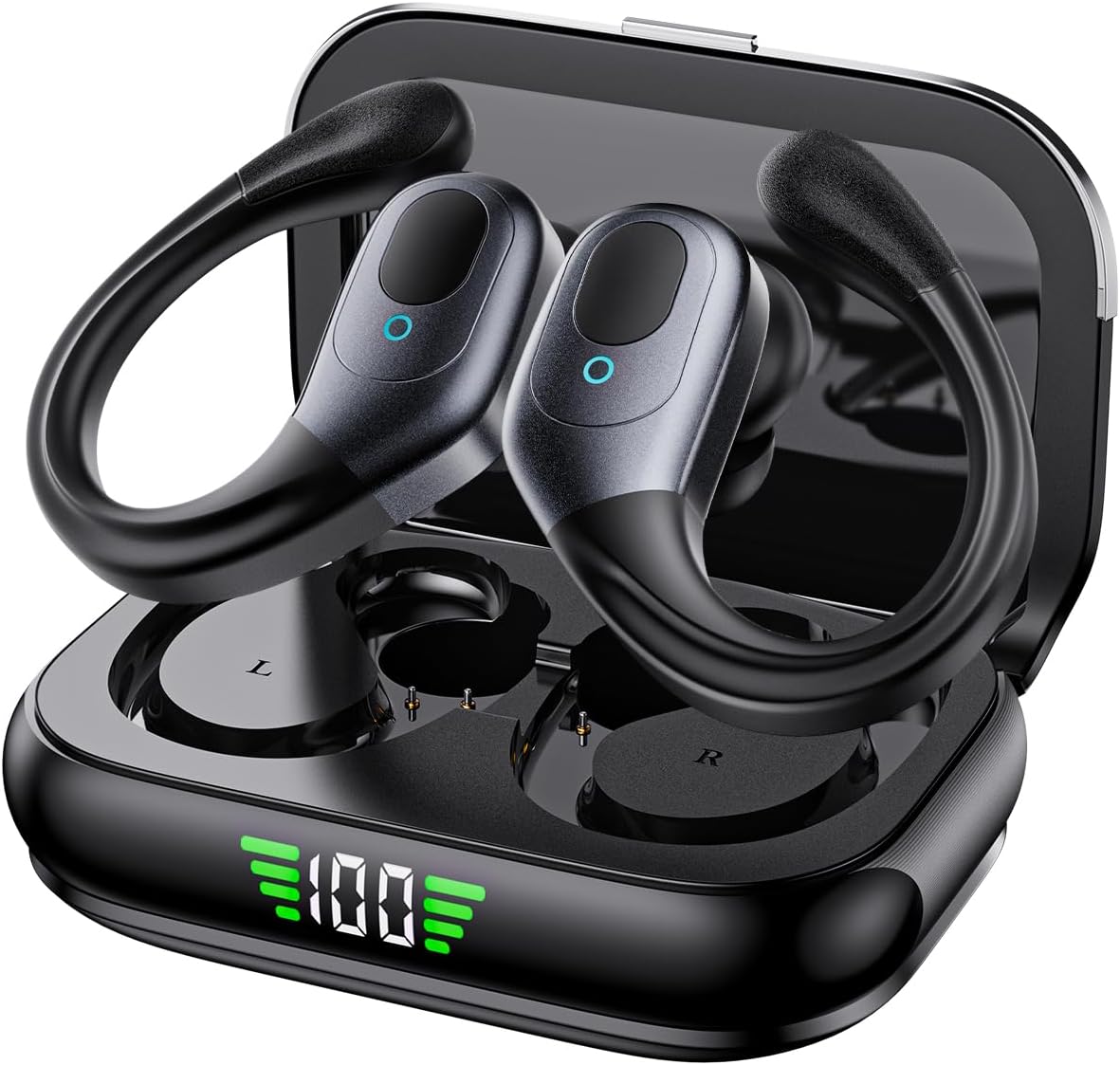 Fones de Ouvido Sem Fio Esportivos, 80h de Reprodução com LED Display, Bluetooth 5.3 Esportivos com Gancho, IPX7 à Prova d'Água, Graves Profundos, Compatível com iOS e Android para Esportes/Treino