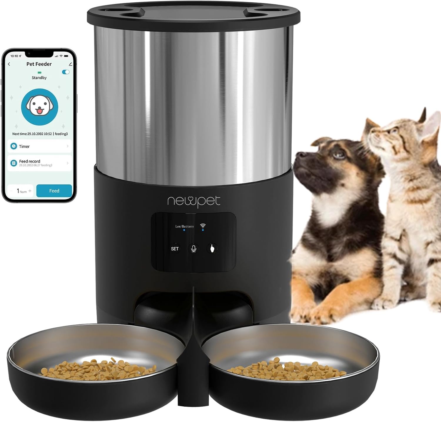 Alimentador Automático para 2 Gatos, 5L Alimentador temporizado para animais de estimação,2.4G WiFi Tuya APP de Animais de Estimação