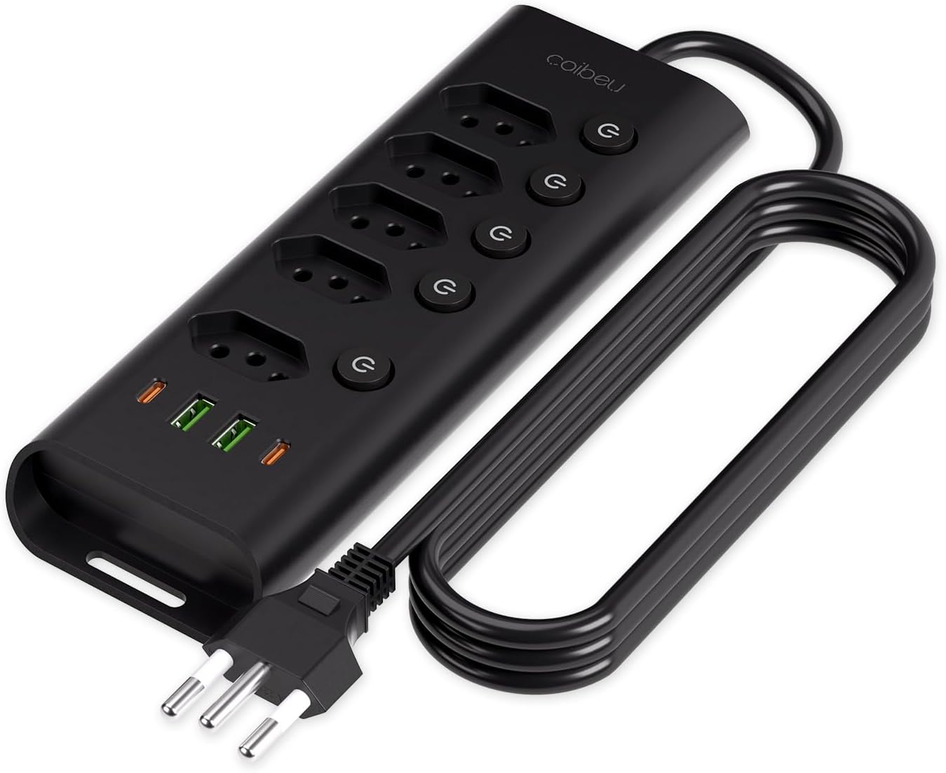 Extensao Eletrica, Filtro de Linha, Extensão Tomada, Régua Tomada, Régua de Energia, 5 Tomadas, 2 Interfaces USB, 2 Porta USB Tipo-C, Cabo de Alimentação de 1,8 Metros, 110-220V, 10A, 2500W, Preto