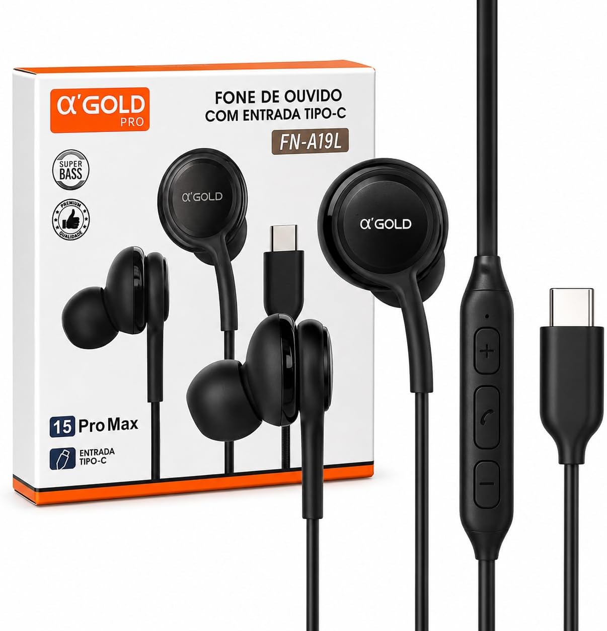 Fone de Ouvido com Fio Tipo C com Microfone e Controle de Volume - PREMIUM