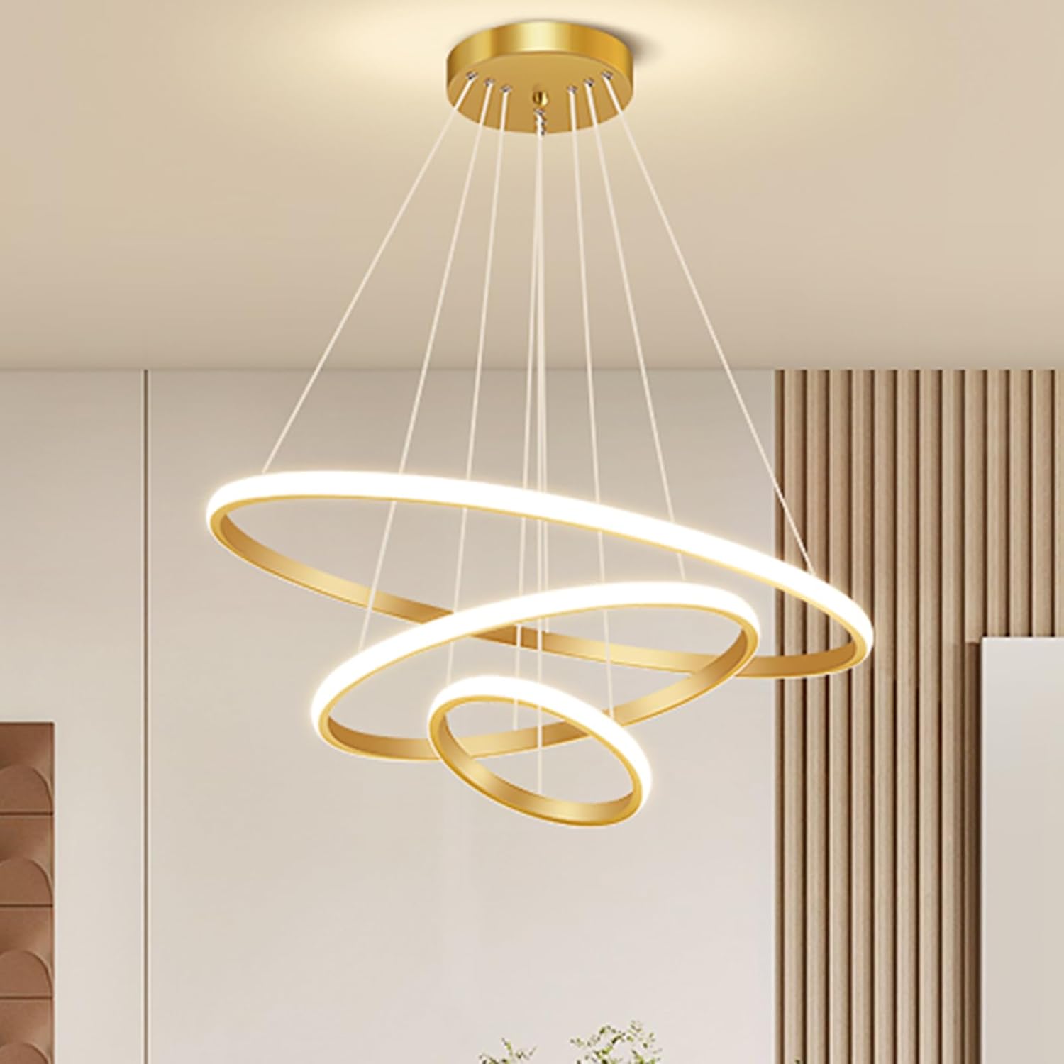 Luminária Pendente LED Moderna 3 Anéis 72W, Redonda Embutida, Regulável, 3 Cores de Luz (3000K/4000K/6000K), Altura Ajustável, Design Luxuoso para Sala, Quarto ou Escritório (Dourado)