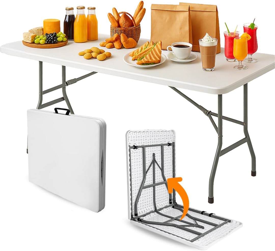 Mesa Dobrável Maleta Yab 180x70cm Preta Portátil com Alça Estrutura Reforçada até 100kg para Festa Eventos Camping Jardim Área Interna e Externa (Branco)
