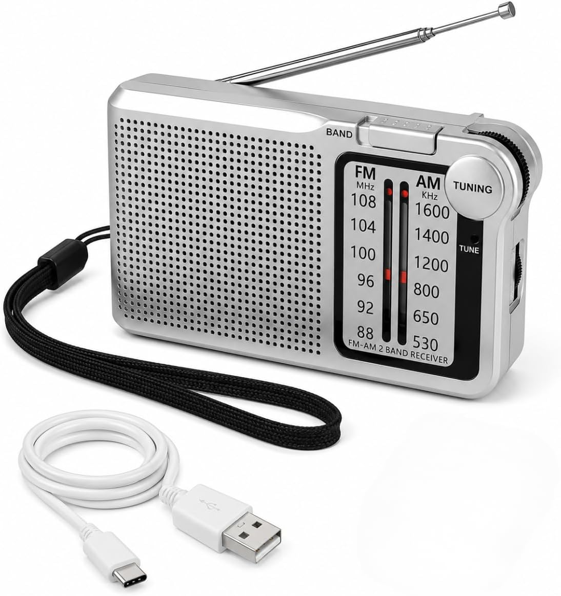 Rádio AM/FM Portátil Recarregável, 2 Bandas, Acompanha Cabo USB, Entrada para Fone de Ouvido, Longo Alcance — Qualidade Premium