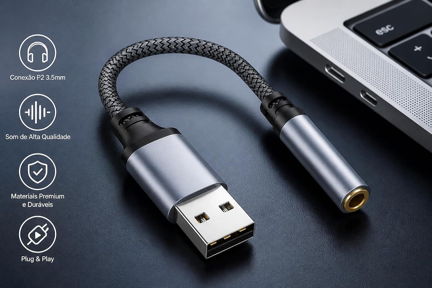 Adaptador de Áudio USB para P2 3.5mm Para PC e Notebook USB Para para Fone de Ouvido P2 Conector Alta Fidelidade