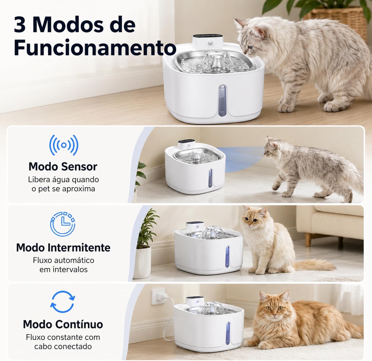bebedouro para gatos sem fio com sensor, 3,2 L fonte de água para animais de estimaçãoCom bandeja de água de aço inoxidável, fontes dispensadoras de água corrente para gatos,3 conjuntos de filtros