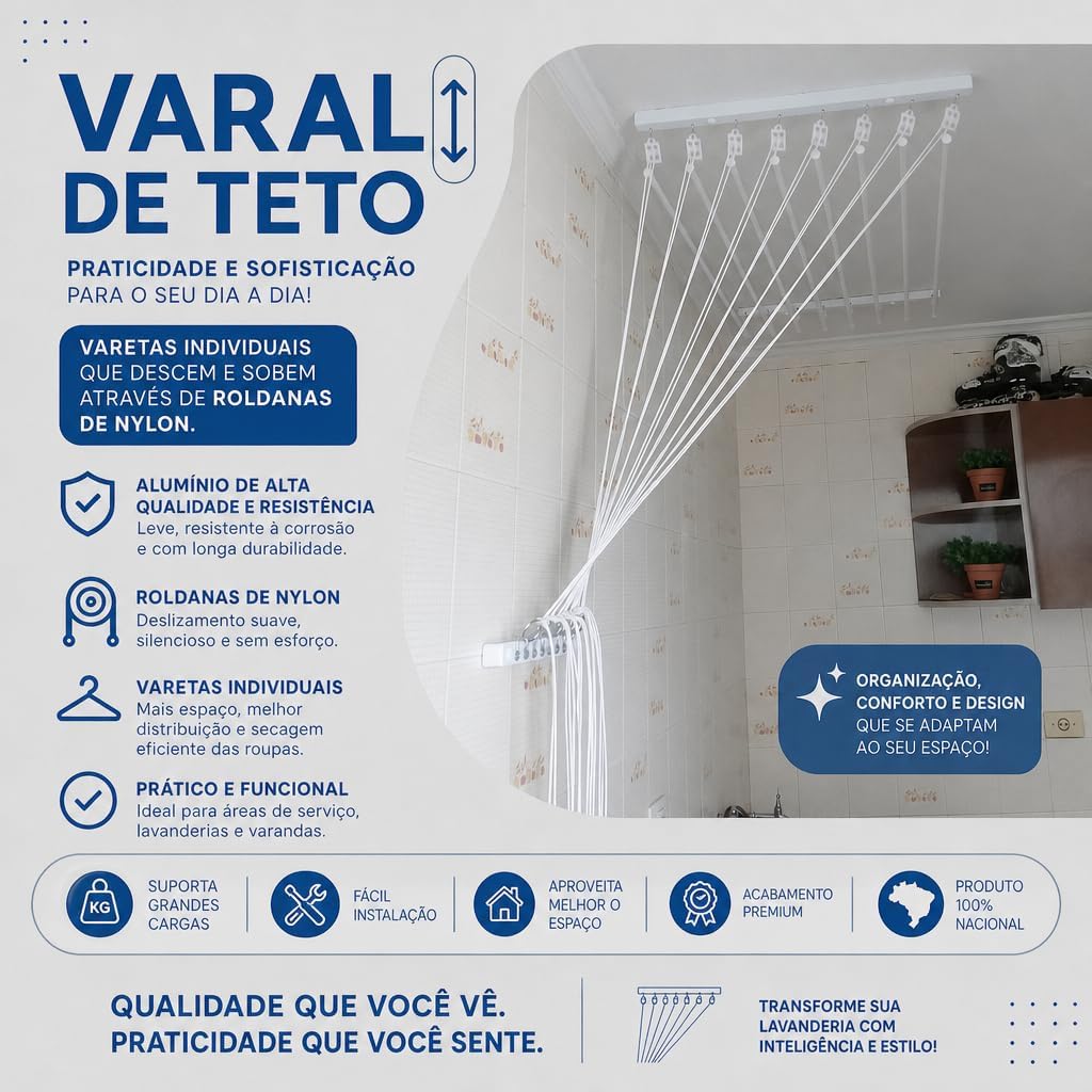 Varal Individual Teto Com 6 Varetas De 1 Mt Em Alumínio Branco