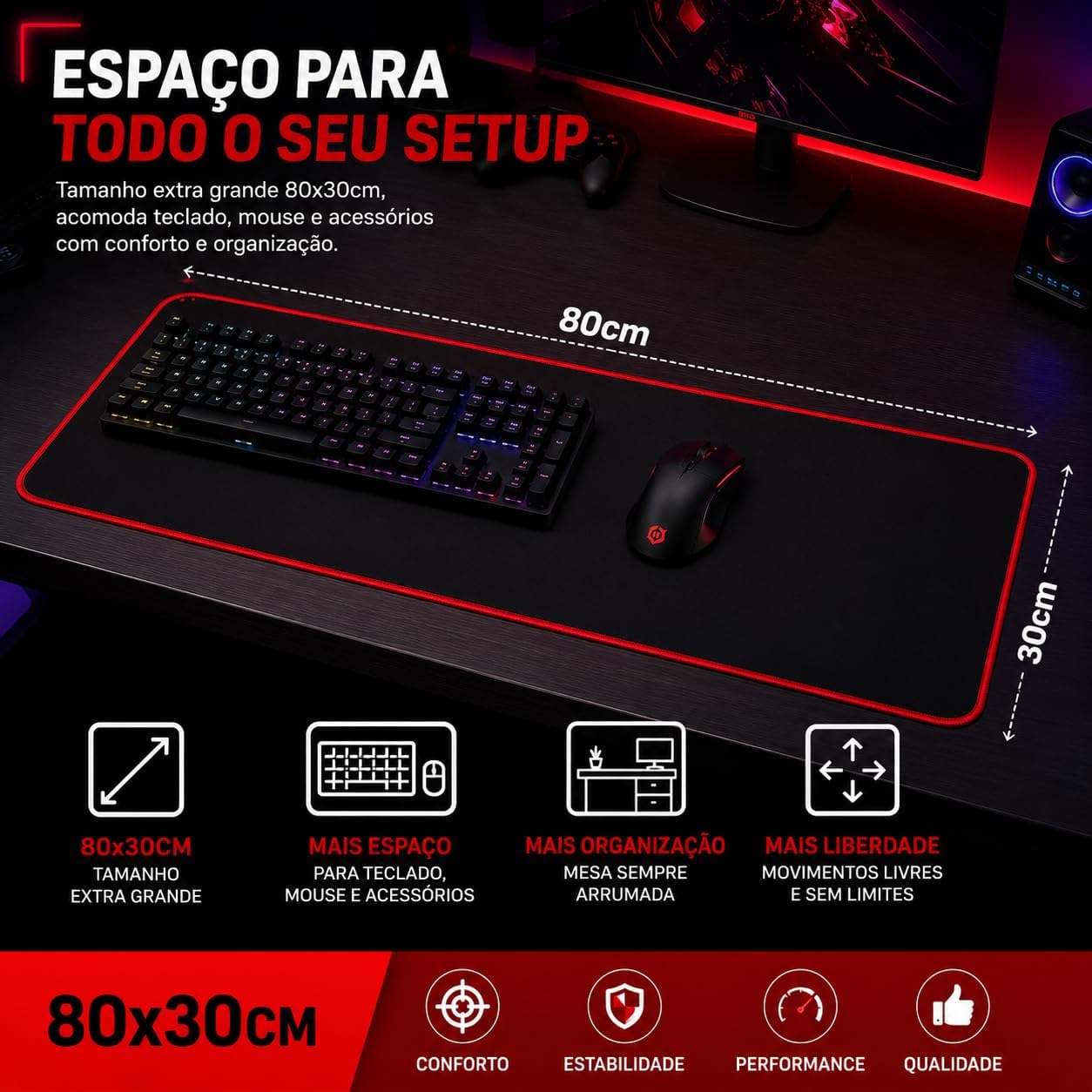 Mouse Pad Gamer Grande 80x30cm Speed Profissional Base Antiderrapante Borda Costurada Premium para Teclado Mouse Setup Gamer e Escritório (Cores Sortidas)