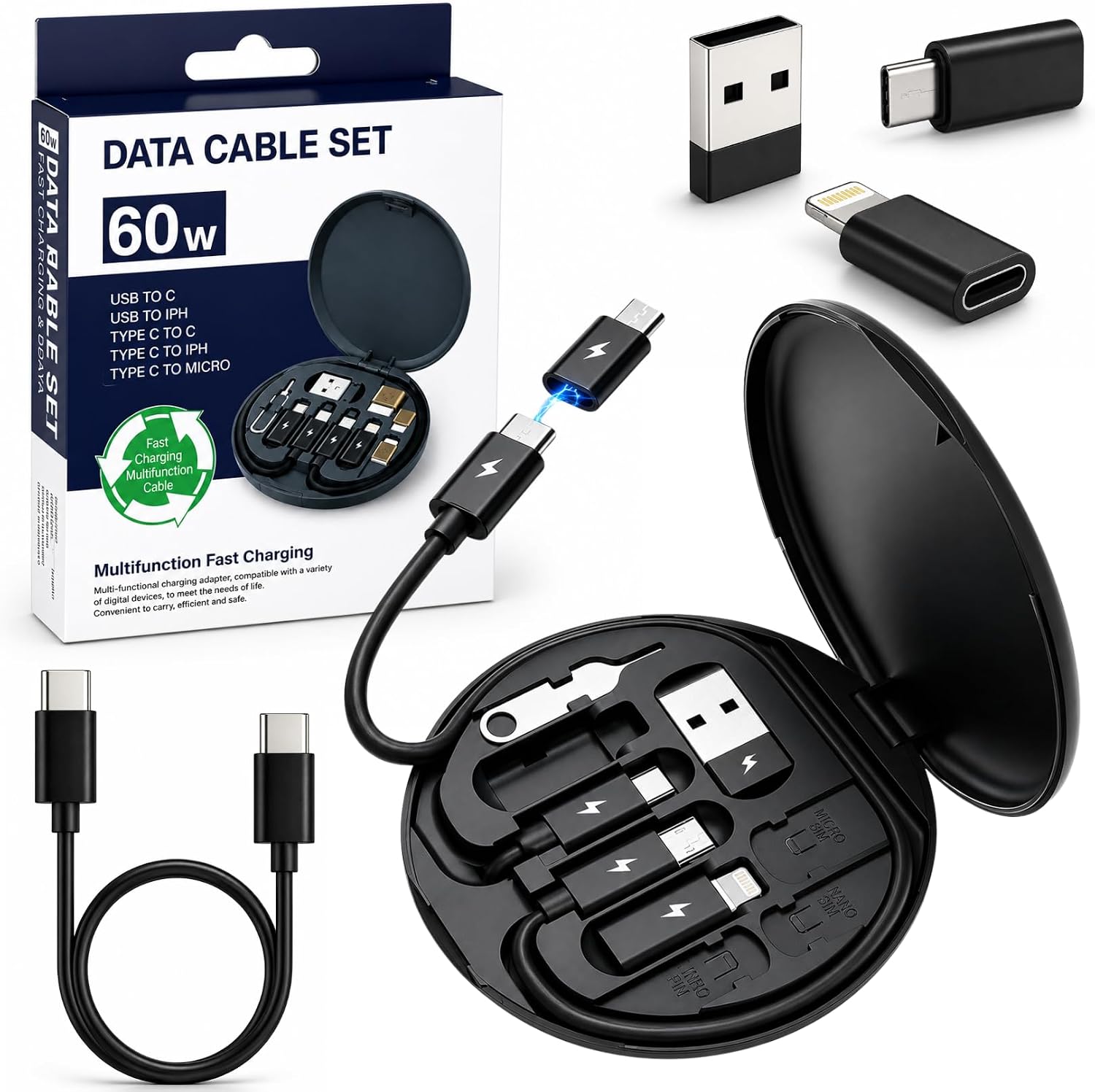 Kit Adaptador 6 em 1 para Carregamento Rápido 60W – USB-C para Lightning, Micro USB e USB-A com Suporte para Celular e Pino Extrator de Chip SIM – Compacto e Portatill