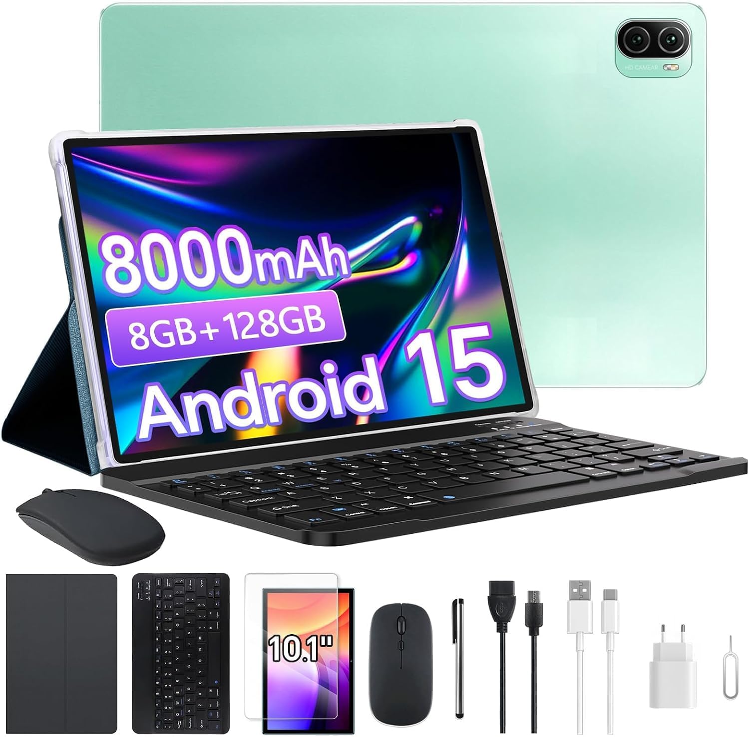 Xixaomiro Tablet Android 15 Pad 10.1", Câmera 13MP + 5MP, Bateria 8000mAh – Kit Completo com Caneta, Mouse, Teclado e Capa, Adequado para Estudo, Trabalho e Lazer (Verde)