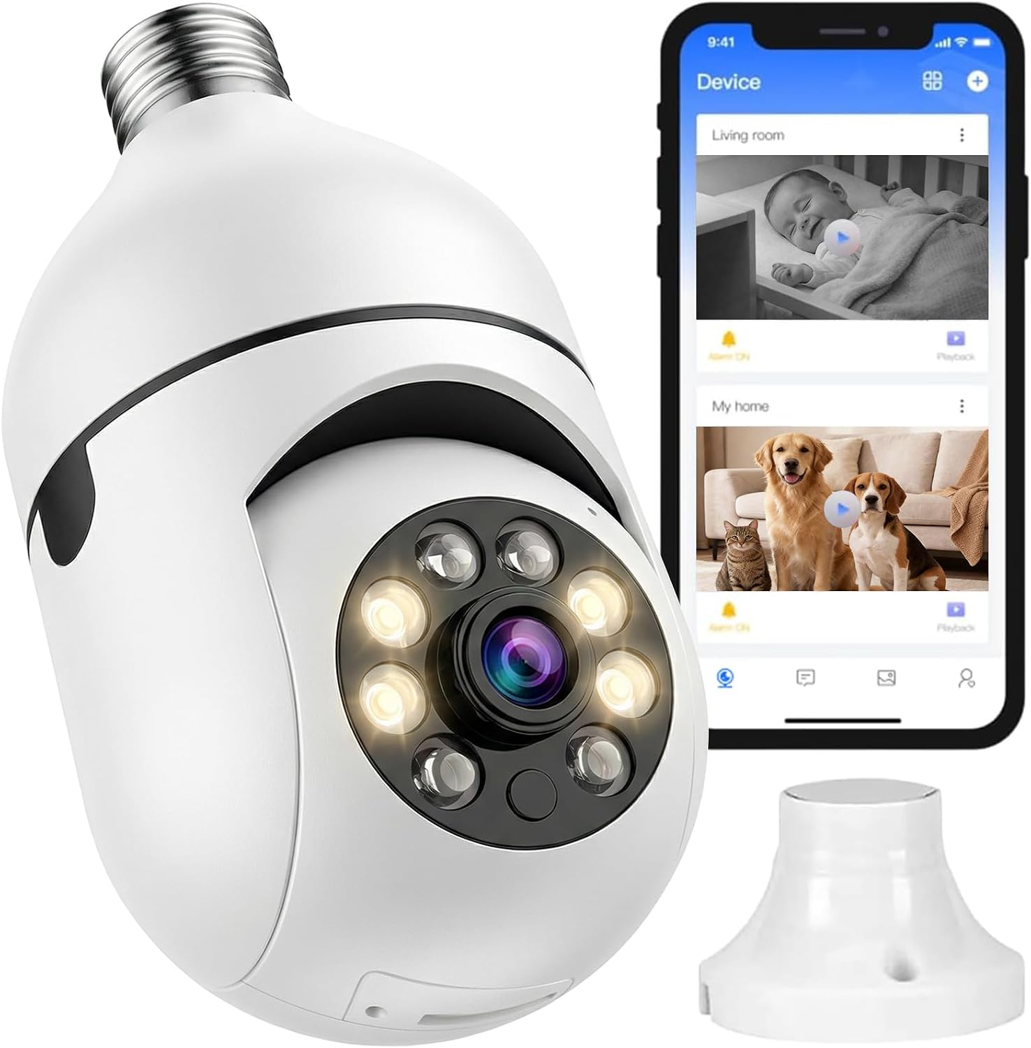 Câmera Lâmpada de Segurança Wifi 360° Full HD 1080P, Bivolt, Câmera IP E27 Panorâmica com Visão Noturna Colorida, Áudio Bidirecional, Giratória, Detecção de Movimento e Alarme no Celular (1 Peças)