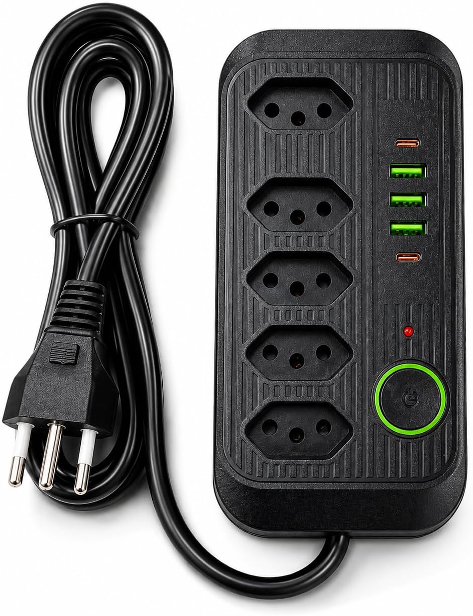Extensão Elétrica, 5 Tomadas com 3 Portas USB e 2 USB-C, Filtro de Linha Bivolt com Interruptor Liga/Desliga, Plugue Padrão Type N para Casa, Escritório e Home Office
