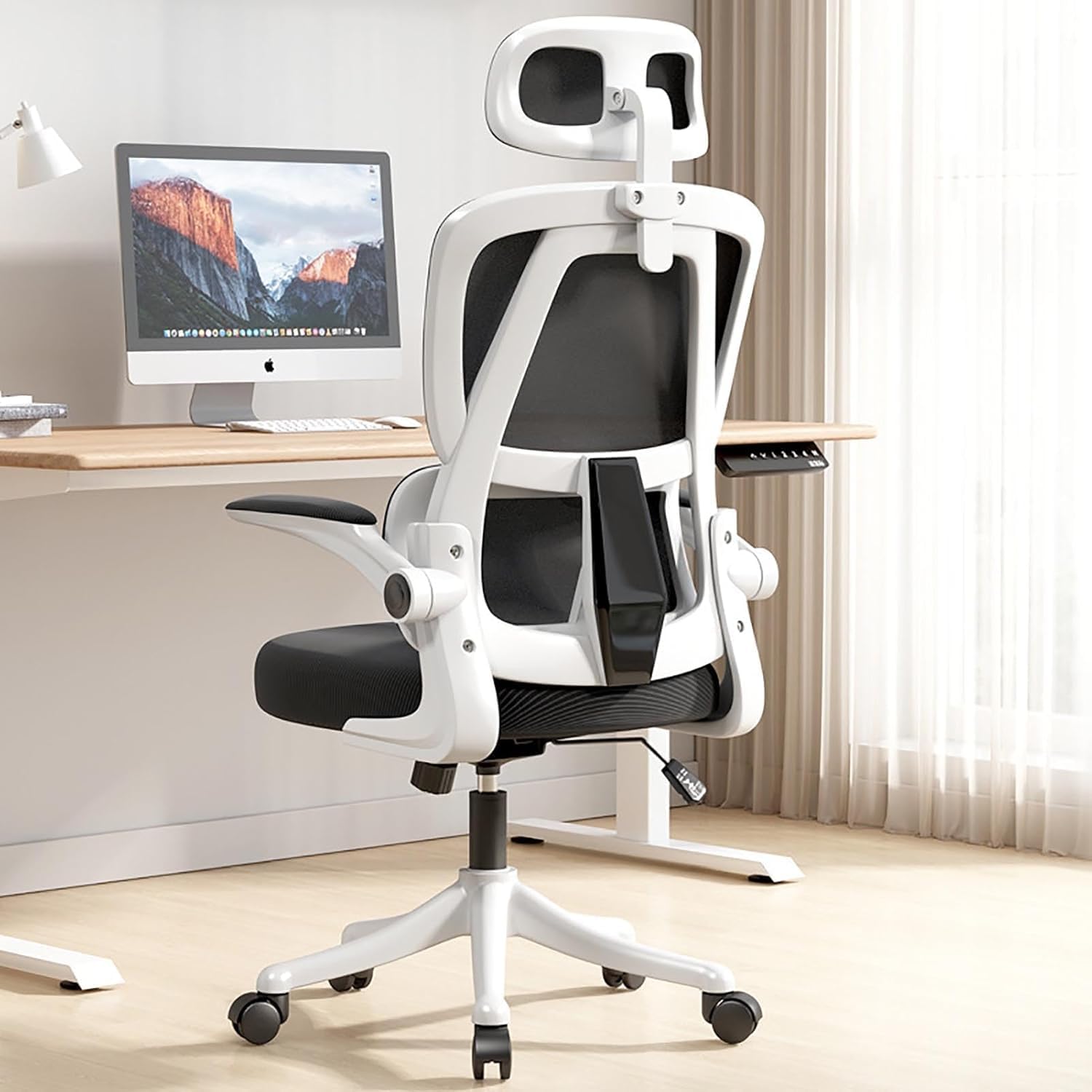EKROTOK Cadeira de Escritório com Almofada de Assento de Látex, Cadeiras Ergonômicas para Computador com Apoio de Braços Retráteis e Apoio Lombar com Encosto Alto Trabalho, Apoio de Cabeça Ajustável