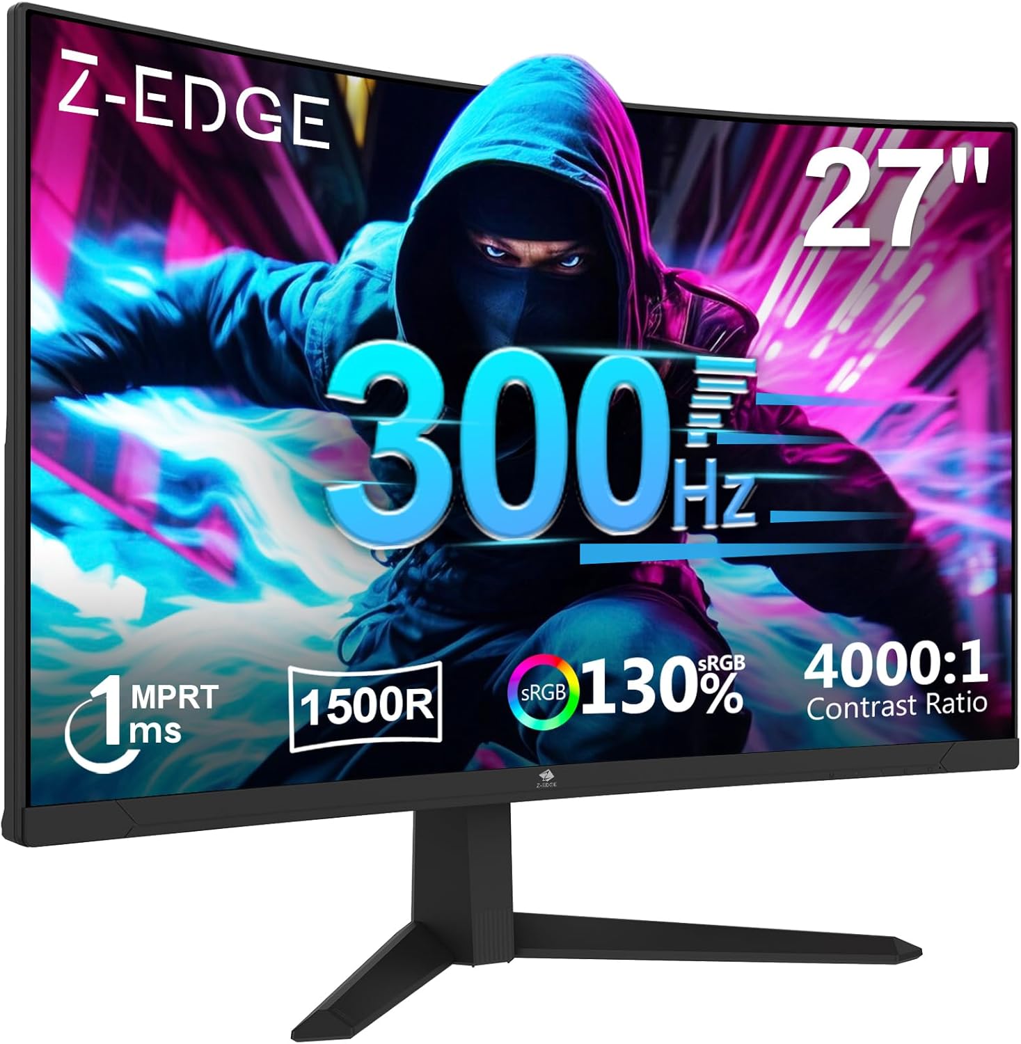 Monitor Gamer Curvo 27 polegadas Z-Edge, FHD 1080P, 300 Hz, 280 Hz e 240 Hz, monitor pc 1500R, MPRT de 1 ms, 2 portas DP 1.4 e 2 portas HDMI 2.0, Ajuste de Inclinação, Suporte VESA, Sem Bordas