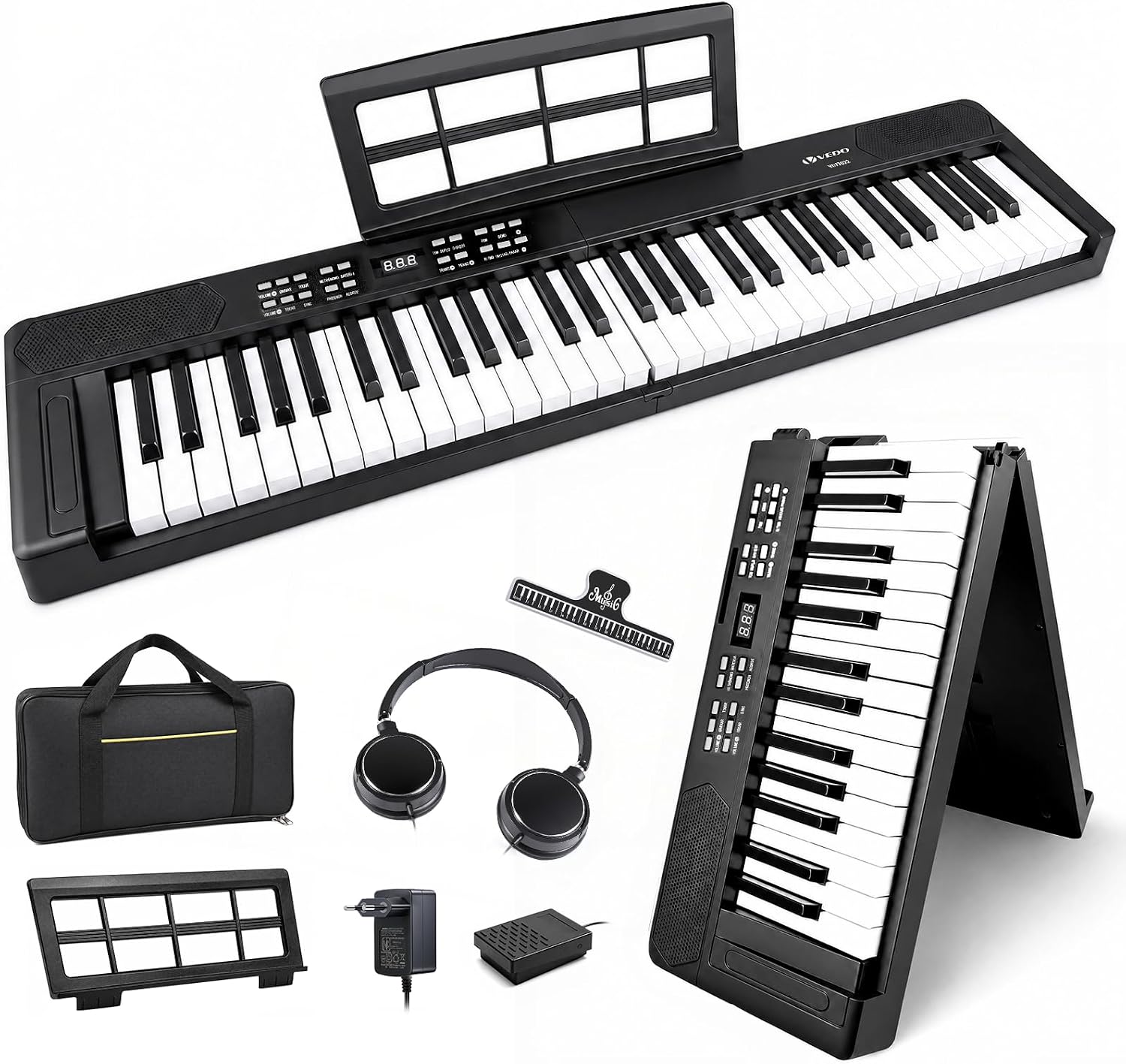 VEDO Teclado Musical Dobrável, 61 Teclas Retroiluminado Semipesadas, 128 Tons, 128 Ritmos, 80 CançõEs de DemonstraçãO, Adaptação MIDI, DAW, com Estante de Partitura e Bolsa, Fones de Ouvido, Pedais