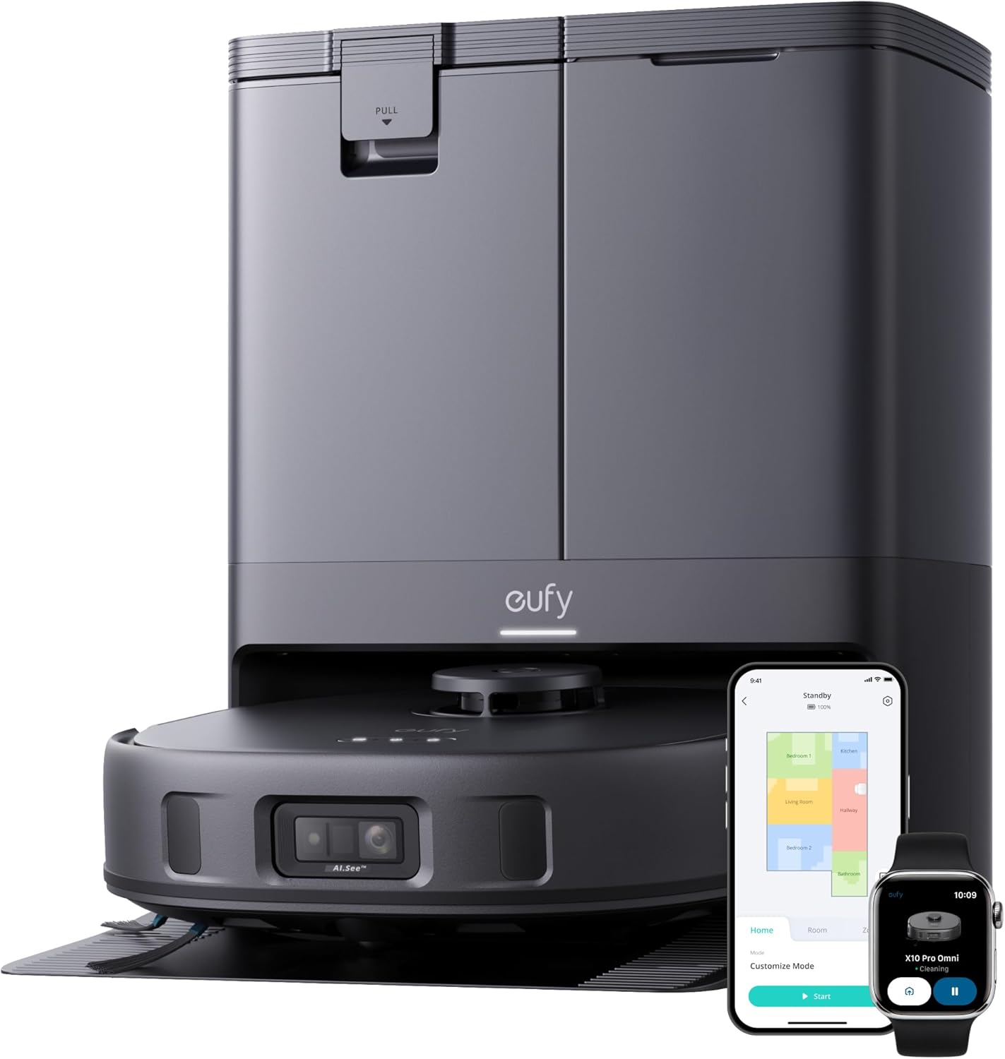 eufy X10 Pro Omni Robô Aspirador da Anker, Estação Completa, Até 68 Dias Sem Manutenção, Lava e Seca com Ar Quente a 45°C, Esvazia Pó e Repõe Água, IA e Laser, Antiembaraço, para Pets, 220V