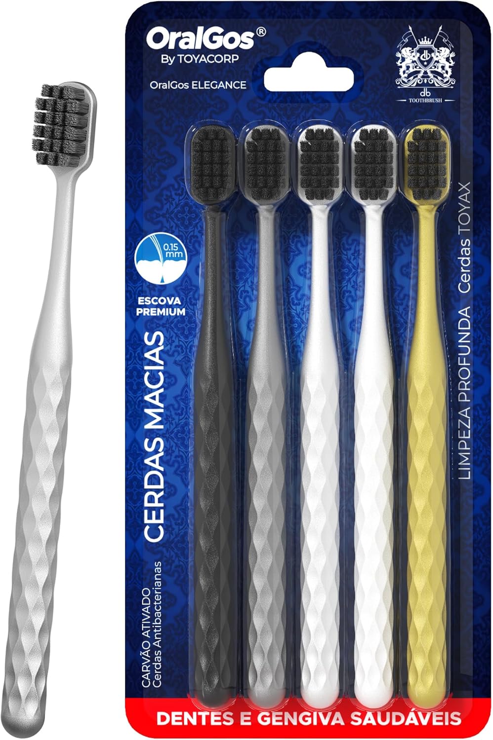 OralGos Escova de Dente Adulto, 5 Unidades, Cerdas de Carvão Ativo, Macia, Para Gengivas Sensíveis, Multi-Cores, Prática para Viagem e Uso Familiar