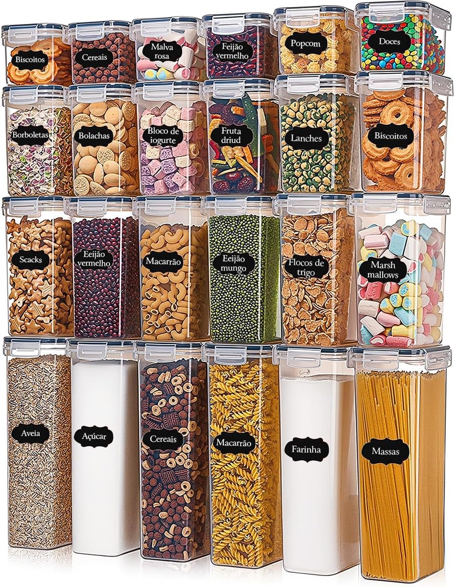 Potes Tampa Hermético Porta Alimentos Mantimentos Armário Cozinha (Kit 24)