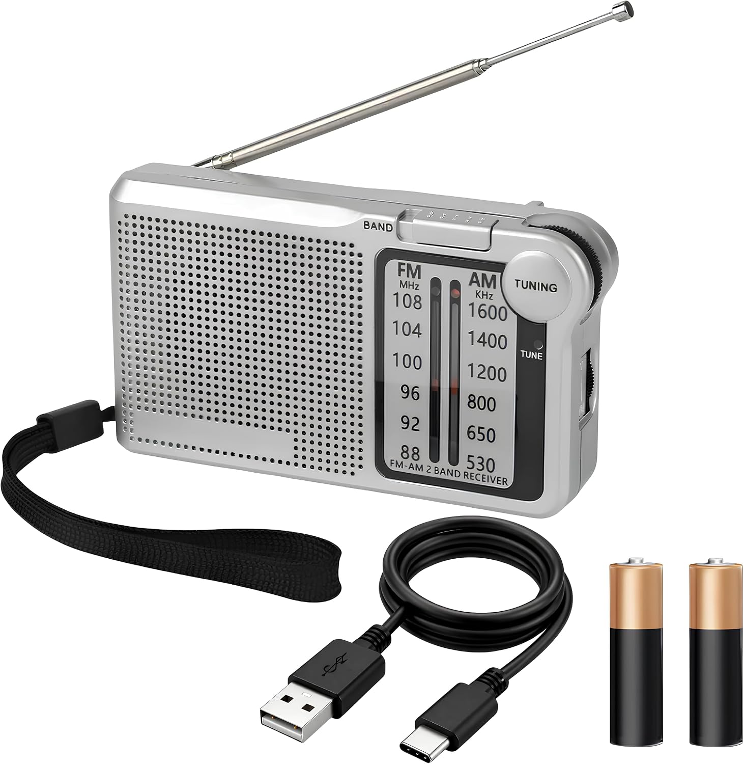 Rádio AM/FM Portátil Recarregável ou em Pilha, 2 Bandas, Acompanha Cabo USB, Entrada para Fone de Ouvido, Longo Alcance