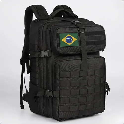 Mochila Tática Militar 50l Masculina Reforçada Impermeável Viagem Camping Pesca Com Patch Bandeira Brasil Bagear Preto Liso