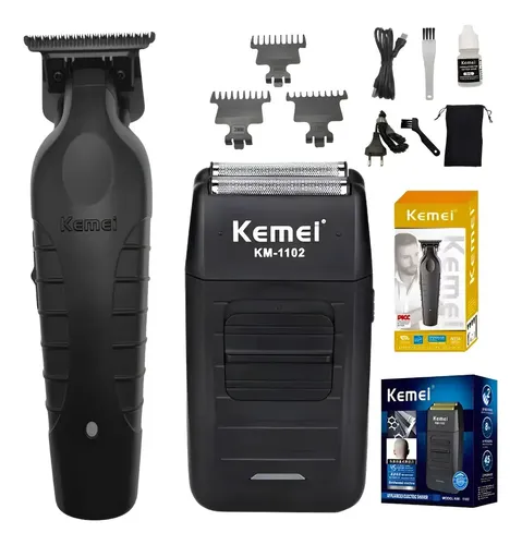 Kit Kemei Máquina Corte Km-2299 E Acabamento Km-1102 Bivolt Preto 5v