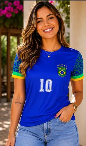 Camiseta Feminina Dry Fit Brasil - Proteção Uv 35 Azul Estampa Localizada M