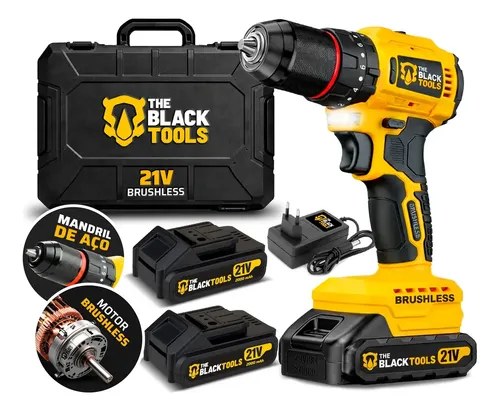 Parafusadeira Furadeira De Impacto Motor Brushless 50n.m 2 Baterias 2000mah 21v E Mandril De Aço Tb-21bx The Black Tools Amarelo 127/220v 60hz