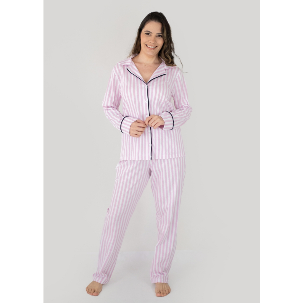 Pijama Feminino Americano Longo Algodão Amamentação Pós- Cirúrgico - Listrado Rosa
