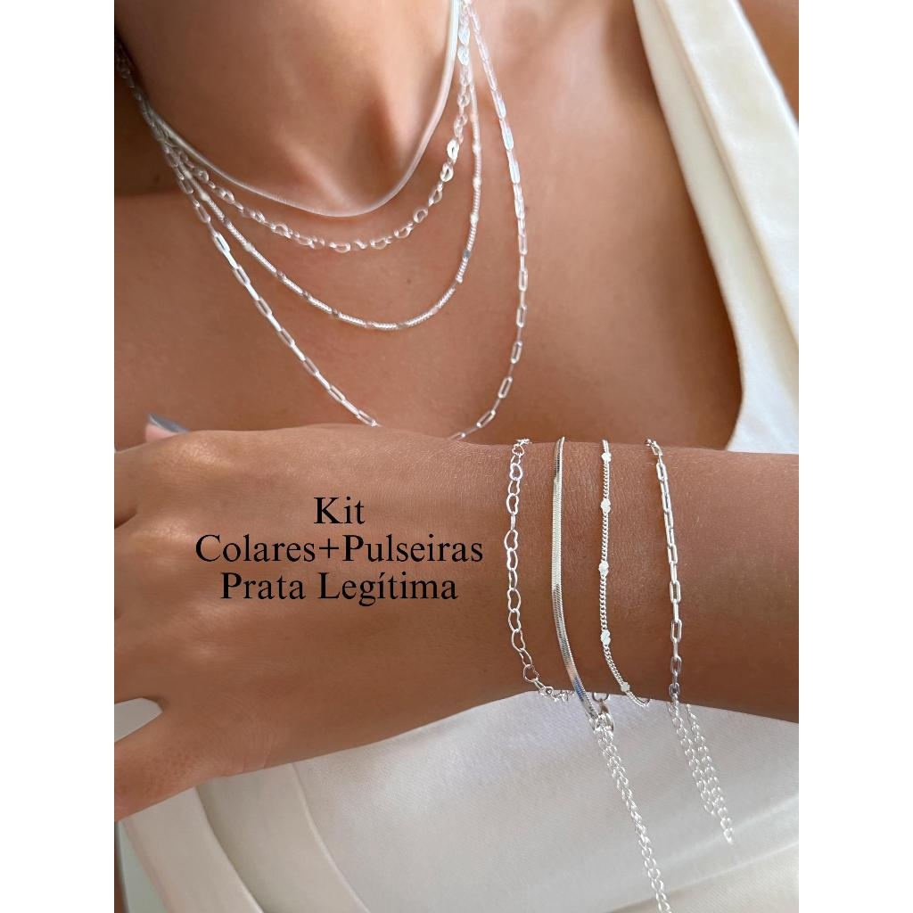 Colar Prateado Feminino Fio Fita Metalizado+ Conjunto de Pulseiras