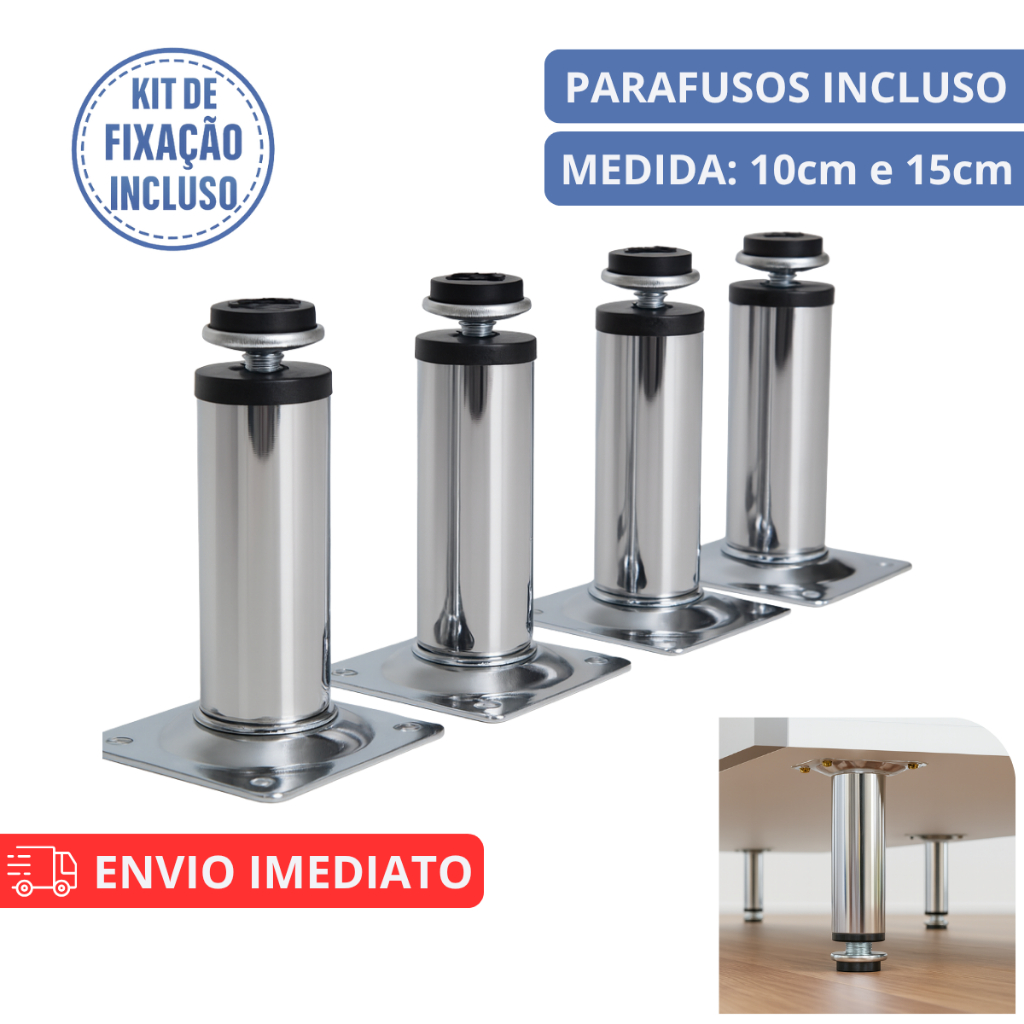 Kit Pés Para Móveis Regulável Redondo Cromado 10cm 15cm