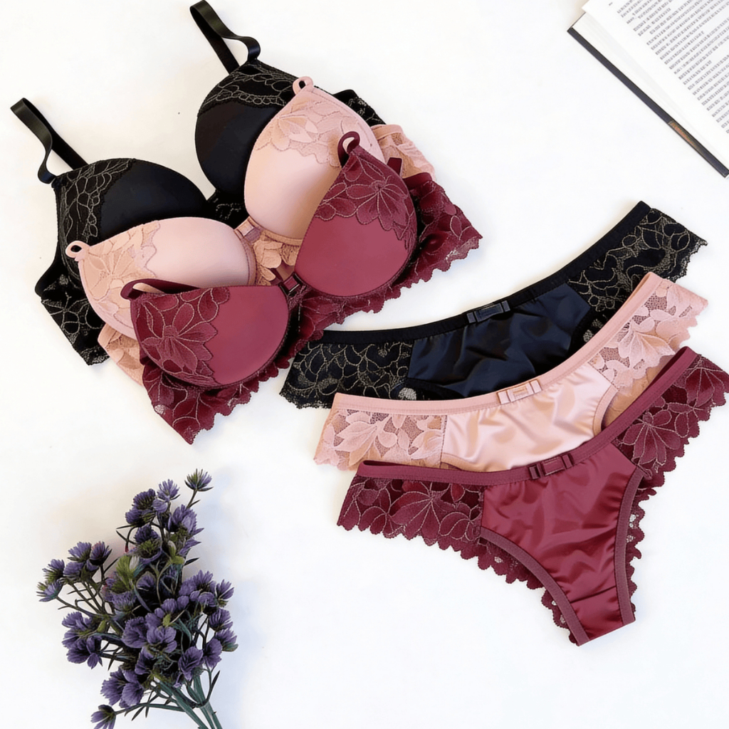 Kit 3 Conjuntos Lingerie Calcinha e Sutiã de Bojo com Detalhes em Renda Moda Intima Promoção