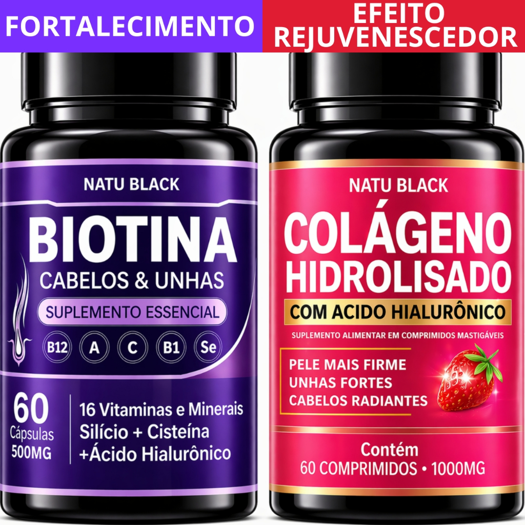 Kit Biotina Pura + Colágeno Hidrolisado + Ácido Hialurônico Alta Concentração Pele Unhas e Cabelos