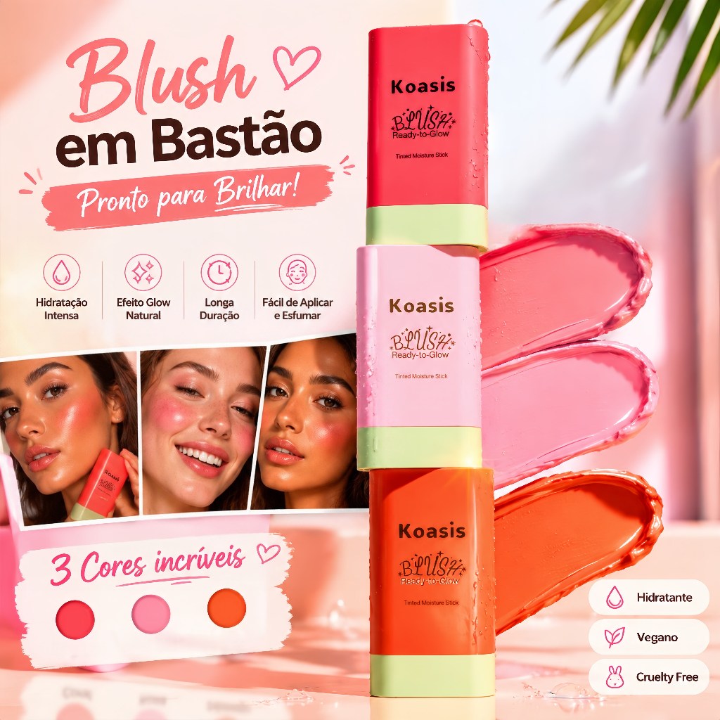 Koasis Blush Ready To Glow Textura Hidratante Cremosa Fácil Aplicação A Prova D'Água e Suor