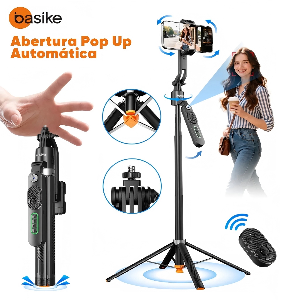 BASIKE Tripé Inteligente 1.8m com Rastreamento Facial AI Estável 360° Para Celular、Câmera、Vlog E Gopro Abertura Pop-Up