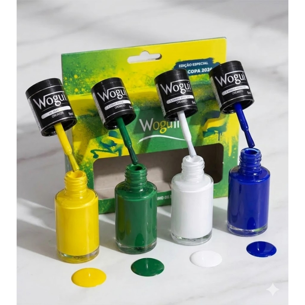 Kit Esmalte Copa 2026 Brasil Wogui 4 Cores (Verde, Amarelo, Azul e Branco)Alta Cobertura, Secagem Esmalte Torcida Brasil