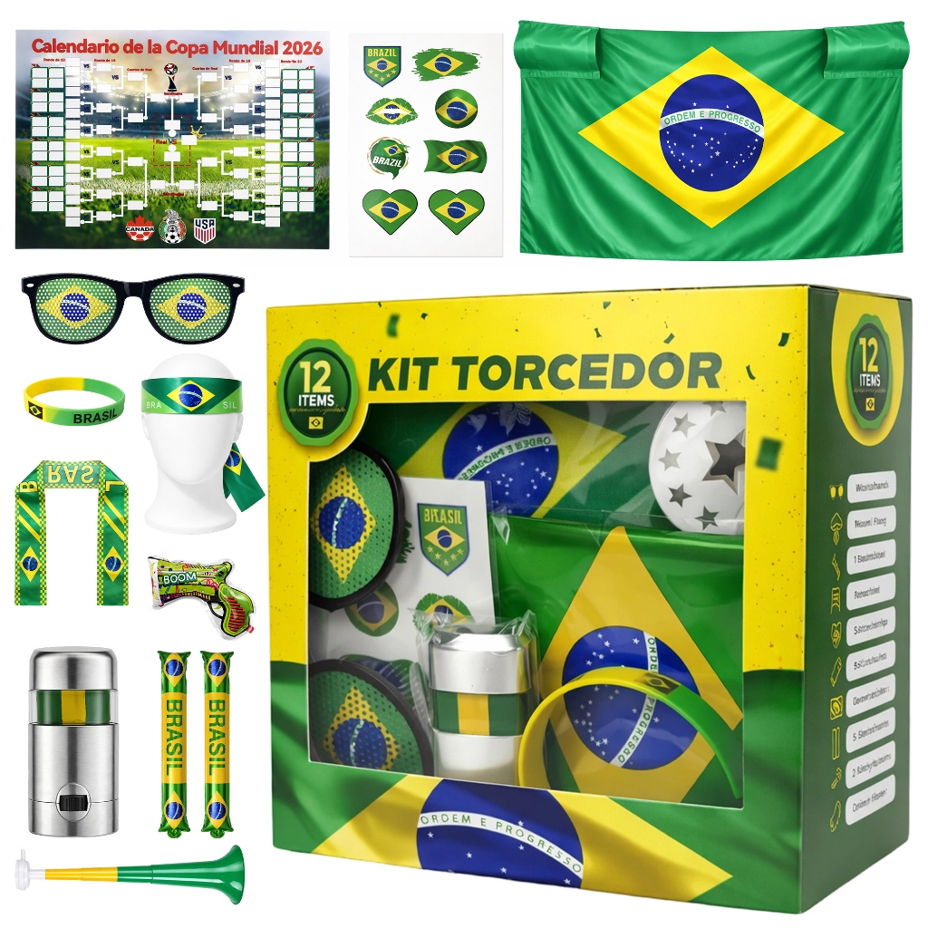 Copa Do Mundo Combo Kit Torcedor Brasil Kit 12 peças Bandeira Para Copa 2026 Adesivo Trompete Pintura Facial